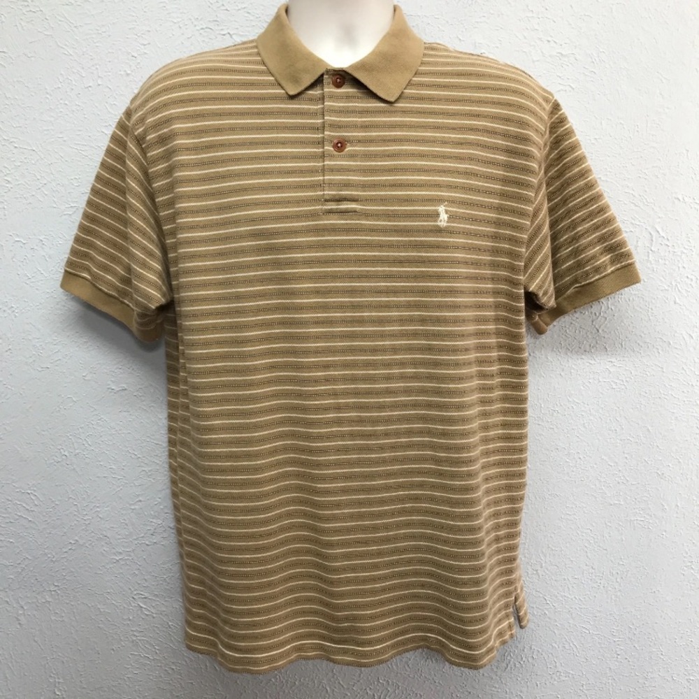 VTG Polo Sport Sportsman Shirt Mens L Tan Striped Cotton Ralph Lauren Pony Logo